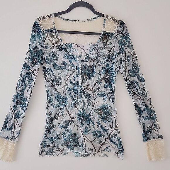 Y2K 90's Blue Floral Semi Sheer Mesh Tulle Beige Lace Trim Fitted Henley Top S E - Picture 3 of 10